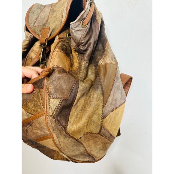 Vintage 1980s/90s Brown Leather Patchwork Clip Front Drawstring Backpack Bag - Picture 4 of 16